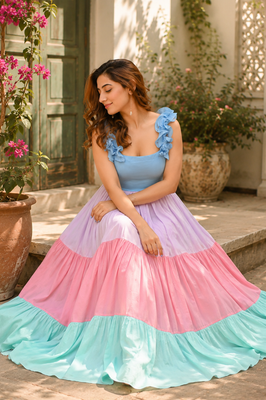 Indolady Mint & Blush Cotton flared Dress