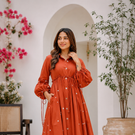 Terracotta Grace Mirror Work Button-Front Cotton Midi Dress