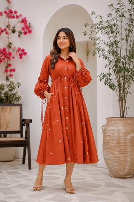 Terracotta Grace Mirror Work Button-Front Cotton Midi Dress