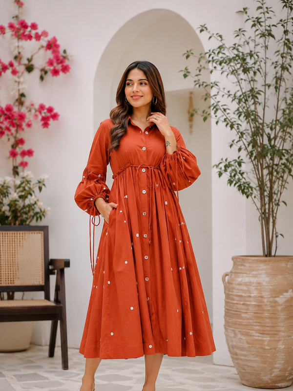 Terracotta Grace Mirror Work Button-Front Cotton Midi Dress