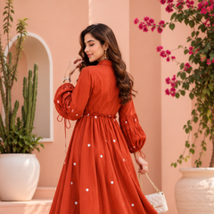 Terracotta Grace Mirror Work Button-Front Cotton Midi Dress