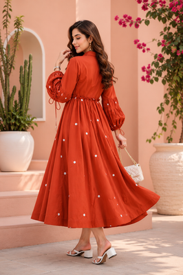 Terracotta Grace Mirror Work Button-Front Cotton Midi Dress