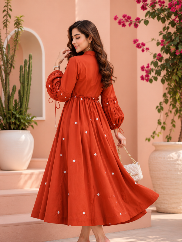 Terracotta Grace Mirror Work Button-Front Cotton Midi Dress