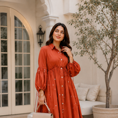 Terracotta Grace Mirror Work Button-Front Cotton Midi Dress