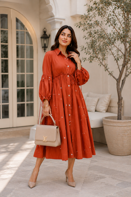 Terracotta Grace Mirror Work Button-Front Cotton Midi Dress