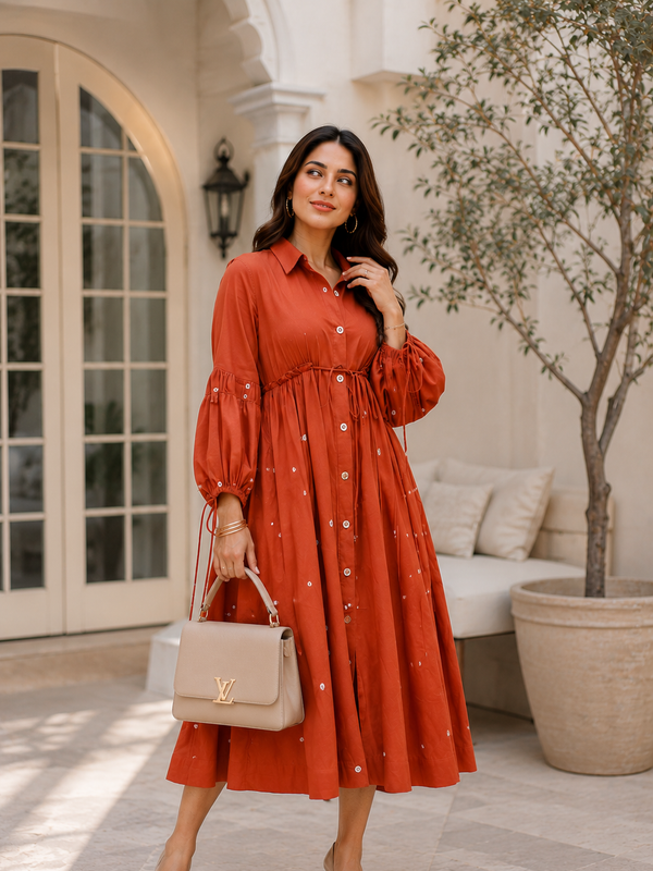 Terracotta Grace Mirror Work Button-Front Cotton Midi Dress