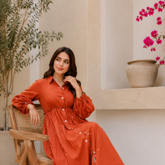 Terracotta Grace Mirror Work Button-Front Cotton Midi Dress