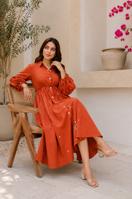 Terracotta Grace Mirror Work Button-Front Cotton Midi Dress