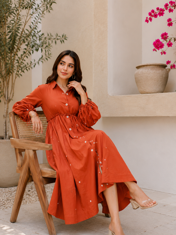 Terracotta Grace Mirror Work Button-Front Cotton Midi Dress