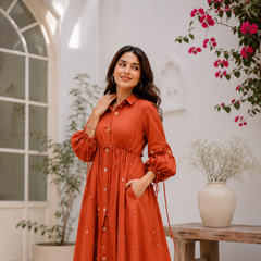 Terracotta Grace Mirror Work Button-Front Cotton Midi Dress