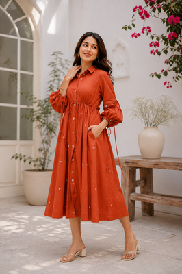 Terracotta Grace Mirror Work Button-Front Cotton Midi Dress