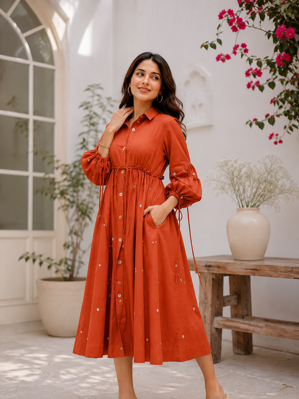 Terracotta Grace Mirror Work Button-Front Cotton Midi Dress