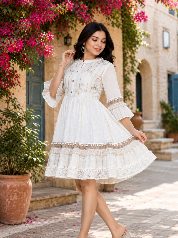 Cotton Schiffli Boho Style Flared Dress