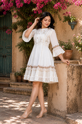 Cotton Schiffli Boho Style Flared Dress