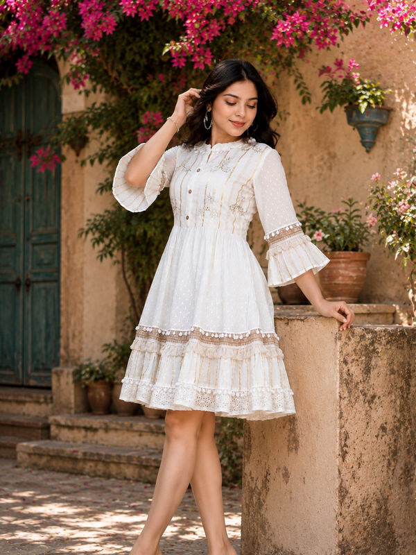 Cotton Schiffli Boho Style Flared Dress