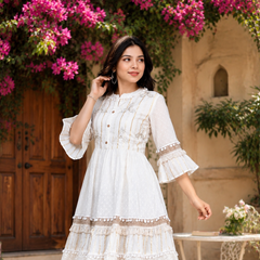 Cotton Schiffli Boho Style Flared Dress