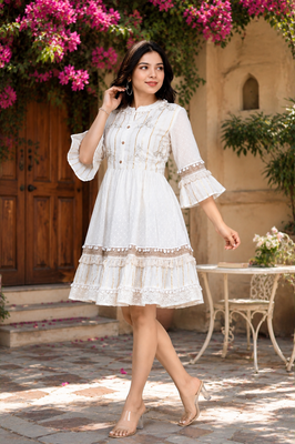 Cotton Schiffli Boho Style Flared Dress