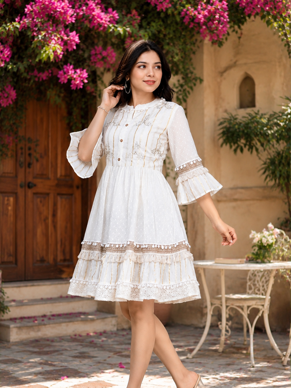 Cotton Schiffli Boho Style Flared Dress