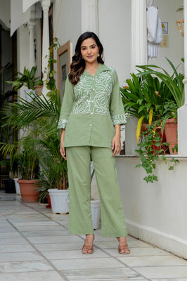 Green Stylish Cotton Embroidered Co-Ord Set