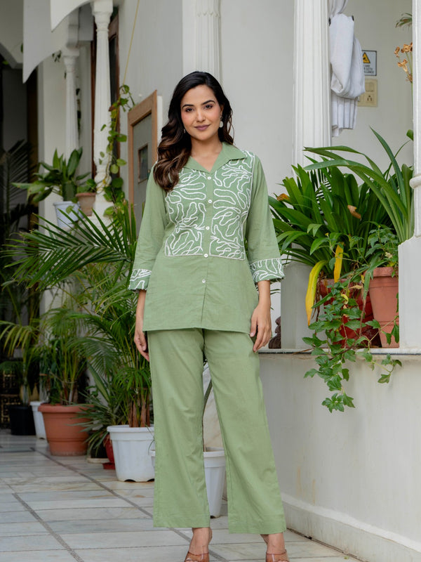 Green Stylish Cotton Embroidered Co-Ord Set