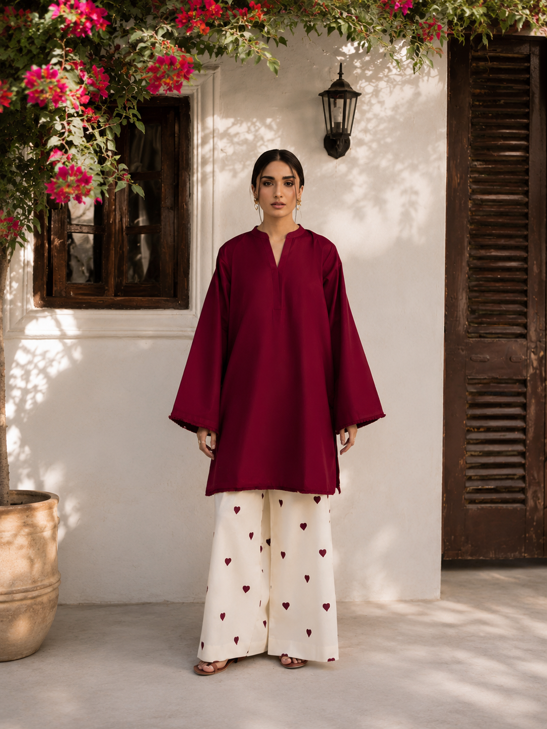 Burgundy Bliss Cotton Kurta Pant Set for Women