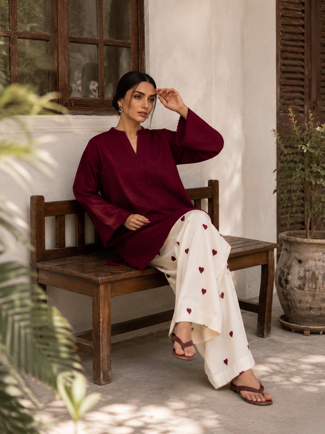 Burgundy Bliss Cotton Kurta Pant Set for Women