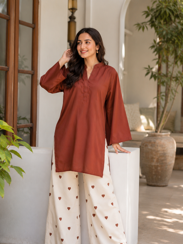 Earthy Rust Cotton Kurta Pant Set for Women