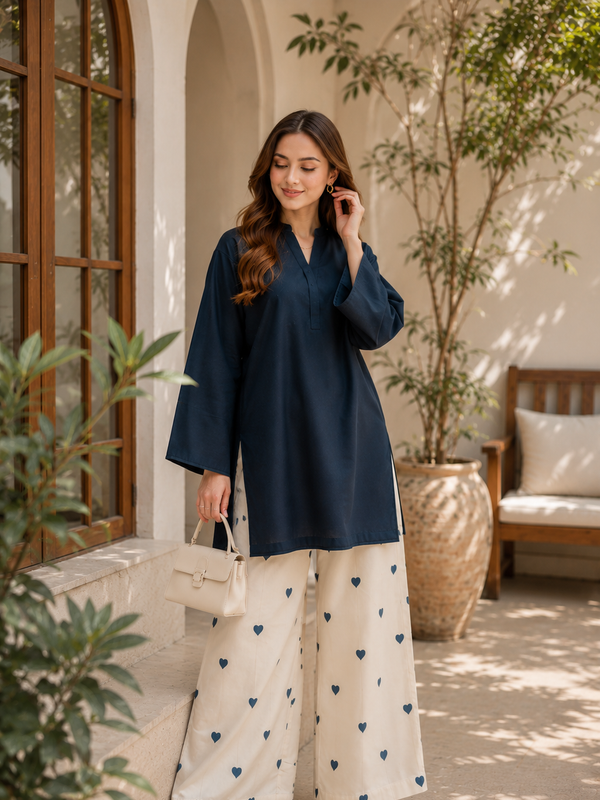 Classic Navy Cotton Kurta Palazzo Set