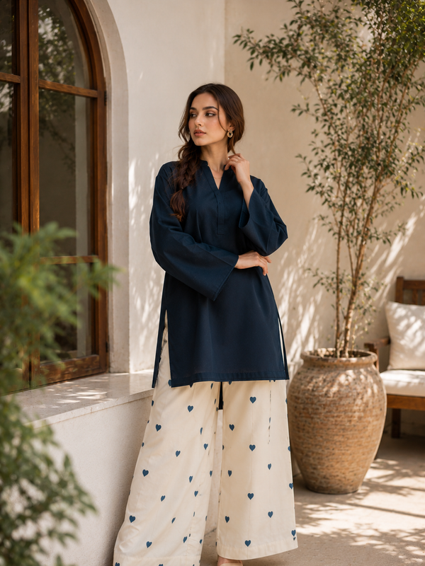 Classic Navy Cotton Kurta Palazzo Set