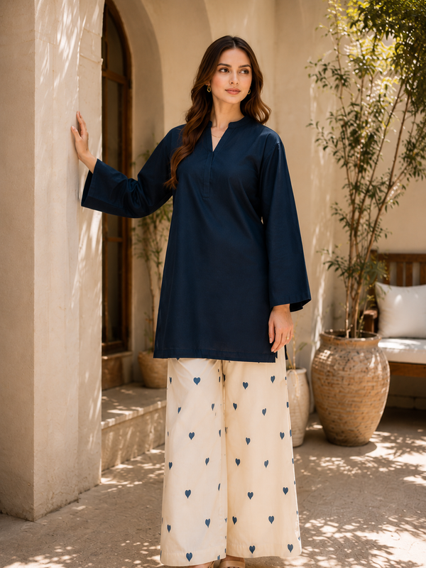 Classic Navy Cotton Kurta Palazzo Set