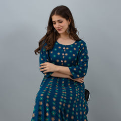Graceful Blue Rayon Anarkali Dress with Intricate Prints
