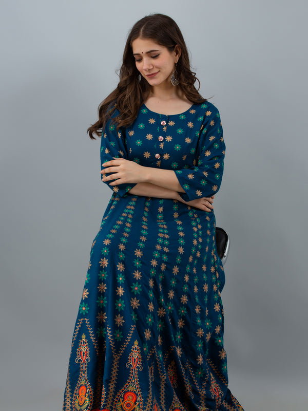 Graceful Blue Rayon Anarkali Dress with Intricate Prints