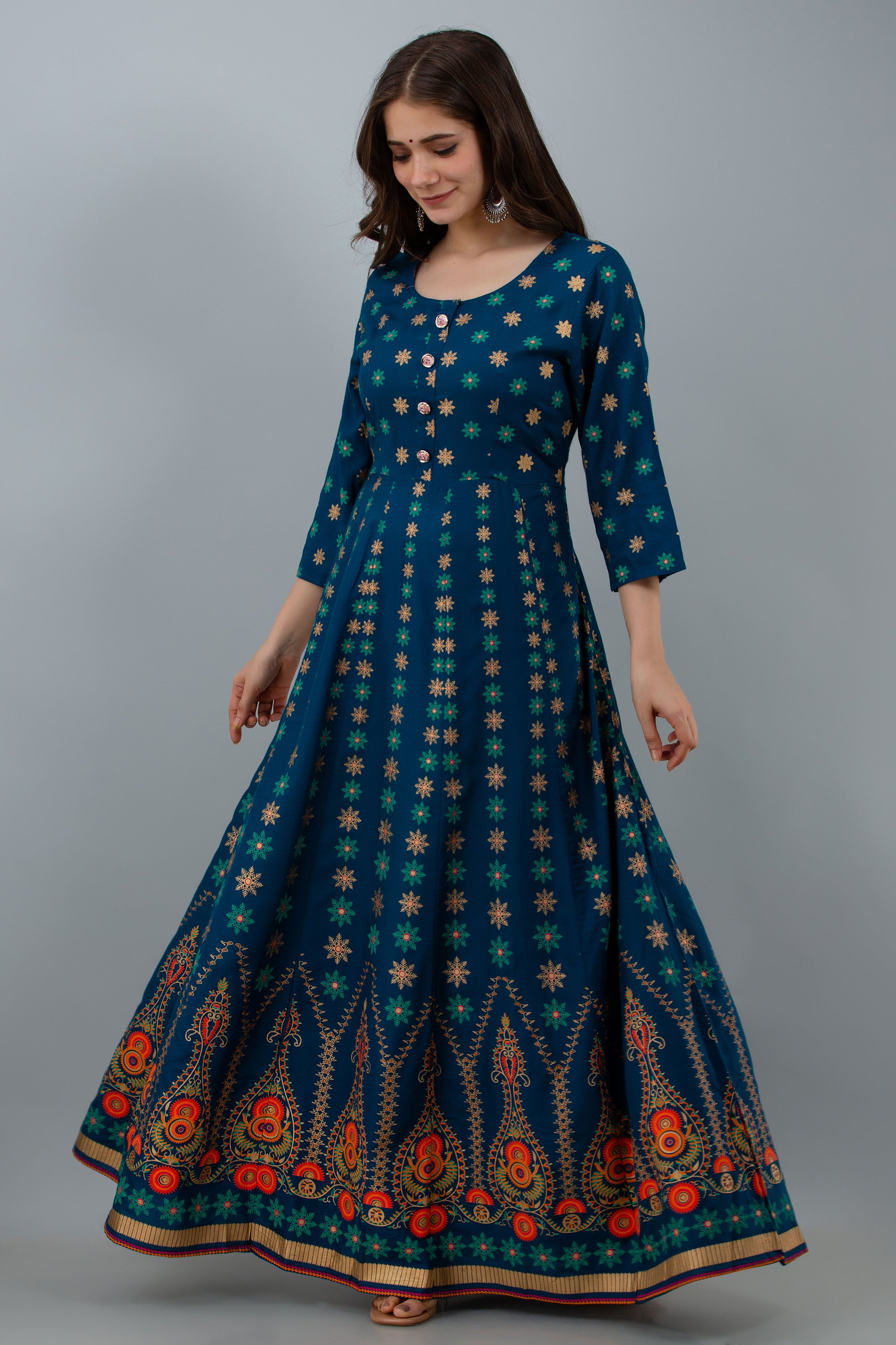 Graceful Blue Rayon Anarkali Dress with Intricate Prints