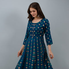 Graceful Blue Rayon Anarkali Dress with Intricate Prints
