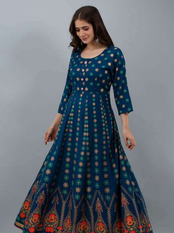 Graceful Blue Rayon Anarkali Dress with Intricate Prints
