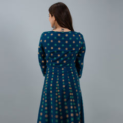 Graceful Blue Rayon Anarkali Dress with Intricate Prints