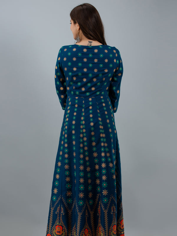 Graceful Blue Rayon Anarkali Dress with Intricate Prints