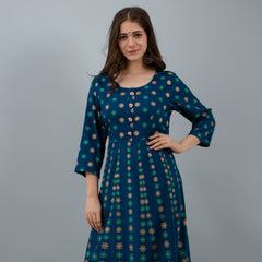 Graceful Blue Rayon Anarkali Dress with Intricate Prints
