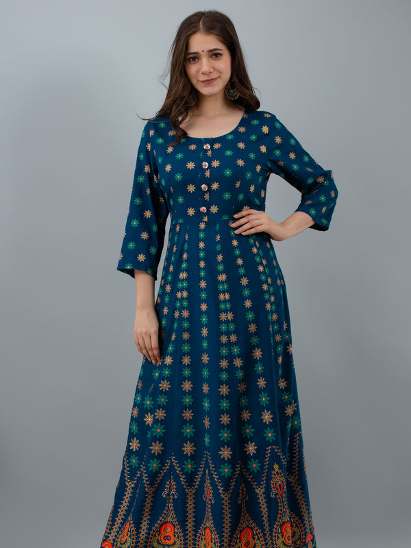 Graceful Blue Rayon Anarkali Dress with Intricate Prints