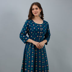Graceful Blue Rayon Anarkali Dress with Intricate Prints