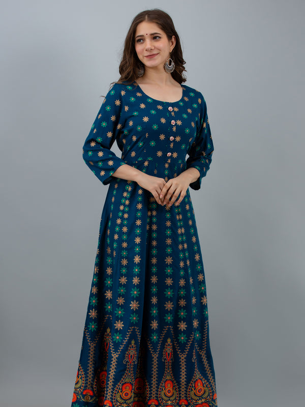 Graceful Blue Rayon Anarkali Dress with Intricate Prints