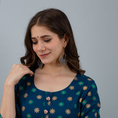 Graceful Blue Rayon Anarkali Dress with Intricate Prints