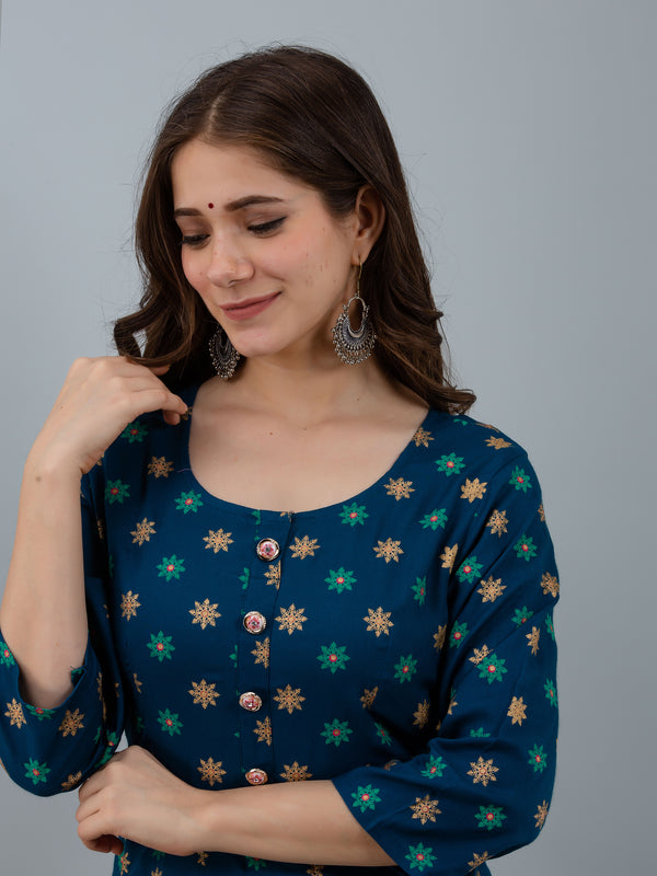 Graceful Blue Rayon Anarkali Dress with Intricate Prints