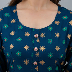 Graceful Blue Rayon Anarkali Dress with Intricate Prints