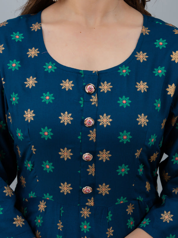 Graceful Blue Rayon Anarkali Dress with Intricate Prints