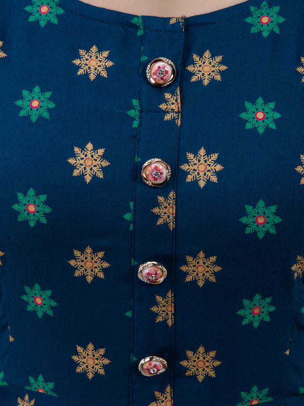 Graceful Blue Rayon Anarkali Dress with Intricate Prints