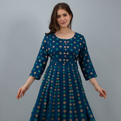 Graceful Blue Rayon Anarkali Dress with Intricate Prints