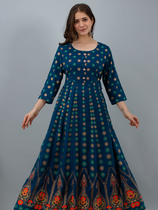 Graceful Blue Rayon Anarkali Dress with Intricate Prints