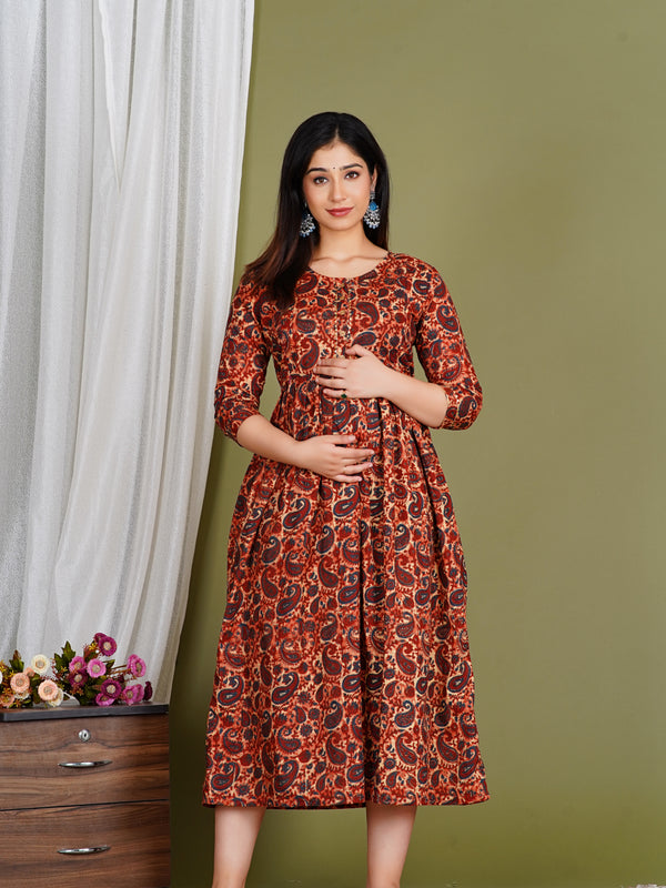 Everyday Comfort Maroon Floral Cotton Maternity Wear Gown