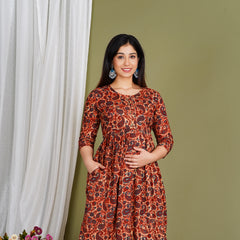 Everyday Comfort Maroon Floral Cotton Maternity Wear Gown